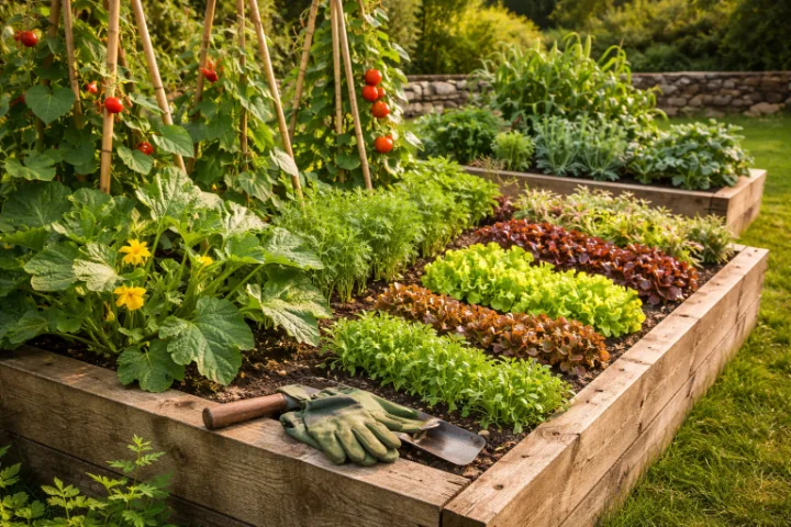 Raised bed vegetable garden with organic produce growing in East Devon