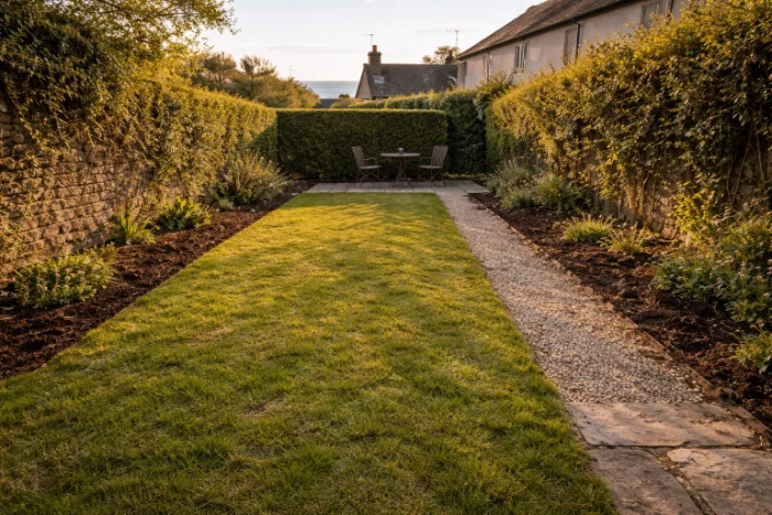 Garden after clearance — tidy lawn, clear borders, visible paths in an East Devon garden