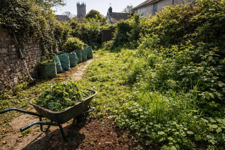 Garden clearance in progress showing partially cleared overgrown garden in Devon