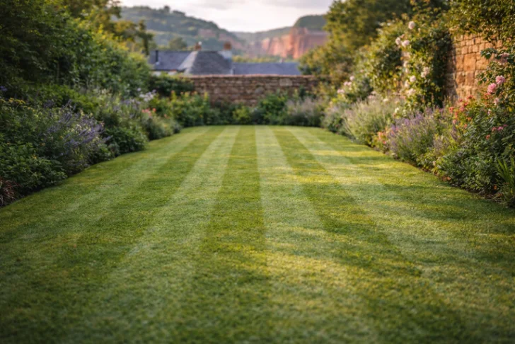 Freshly mown lawn with clean stripes in an East Devon cottage garden