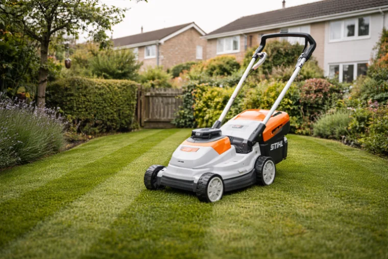 Battery-powered cordless lawn mower on a neat East Devon garden lawn